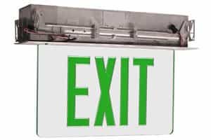 Edge Lit Recessed Exit Sign w Aluminum Housing, Green Letter