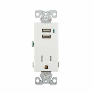 15A TR USB Port/Single Combo Receptacle, 2P3W, #14-12 AWG, 125V, WH