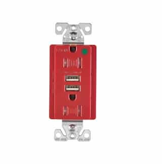 15 Amp USB Charger w/ Duplex Receptacle, Tamper Resistant, Red