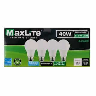 MaxLite 6W LED A19 Bulb, 4-Pack, 40W Inc. Retrofit, 0-10V Dim, Enclosed, E26, 450 lm, 2700K