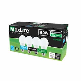 MaxLite 9W LED A19 Bulb, 4-Pack, 60W Inc. Retrofit, 0-10V Dim, Enclosed, E26, 800 lm, 2700K