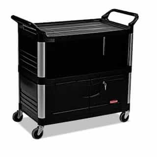 Black 3-Shelf AV Equiment Cart w/ Lockable Enclosed Shelf