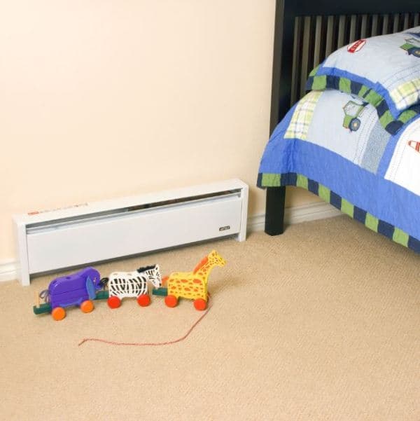 Baseboard heater in bedroom with toys