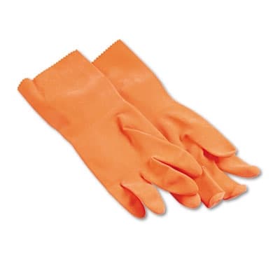Flock-Lined Latex Cleaning Gloves, Large, Orange, 12 Pairs