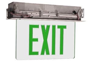 Edge Lit Double Face Recessed Exit Sign w/ Aluminum Housing, Green Letter