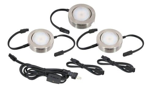 4.3W MVP LED Puck Lights, Dimmable, 200 lm, 120V, 2700K, Nickel, Three Puck Kit