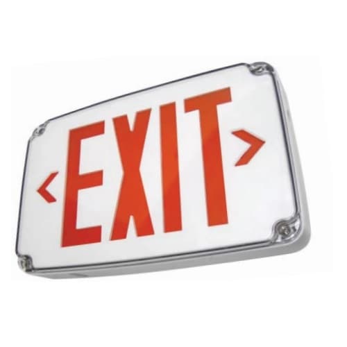 Wet Location LED Exit Sign w/ Battery Backup, Red Letter, 120V-277V, White