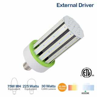 30W LED Corn Bulb w/ External Driver, 3800 Lumens, 6000K, 100W MH/HID Retrofit