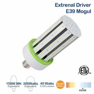 40W LED Corn Bulb, 150W MH Retrofit, Ballast Bypass, E39, 5150 lm, 6000K