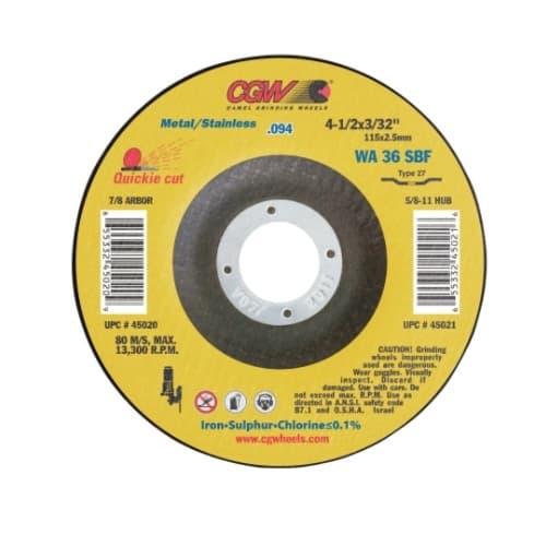 CGW Abrasives 4.5-in Quickie Cut Depressed Center Cutting Wheel, 36 Grit, Aluminum Oxide