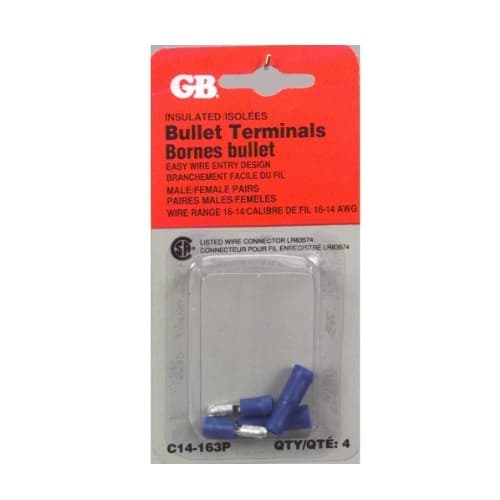 16-14 AWG Insulated M/F Pair Bullet Terminals, Blue
