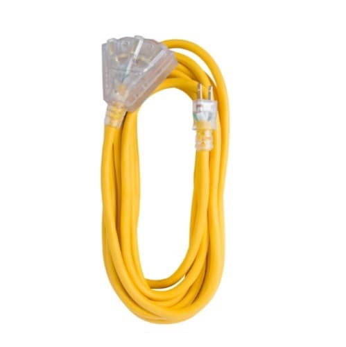 25 ft Yellow 12/3 SJTW Lighted End Triple Tap Extension Cord