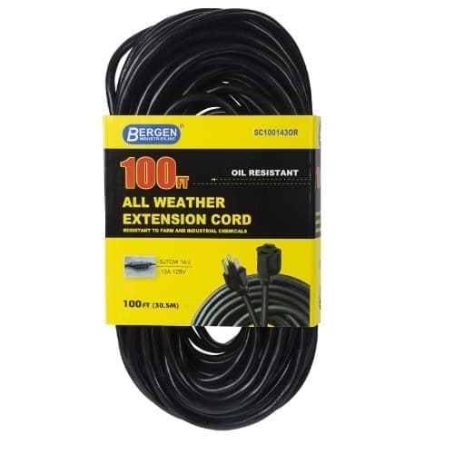 15 Amp 100-ft Extension Cord w/ Single Outlet, #14/3 AWG, 125V, Black