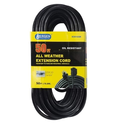 15 Amp 50-ft Extension Cord w/ Single Outlet, #14/3 AWG, 125V, Black