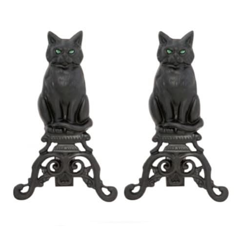 UniFlame Cast Iron Cat Andirons w/ Reflective Glass Eyes, Black