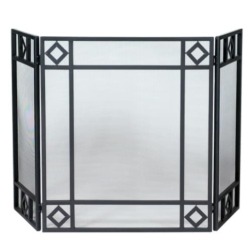 Fireplace Screen, Diamond Design, Wrought Iron, 3-Panel, Black
