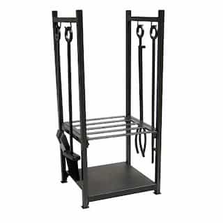 UniFlame 14.5-in Wide Black Wrought Iron Log Holder w/ Ring Handle Fireset