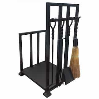 30-in Wide Black Wrought iron Log Holder & 4-Pc Fireset