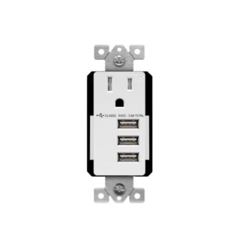 15 Amp Interchangeable Triple USB Charger Tamper Resistant Single Receptacle