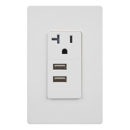 White Interchangeable Dual USB Tamper Resistant 20A Single Receptacle