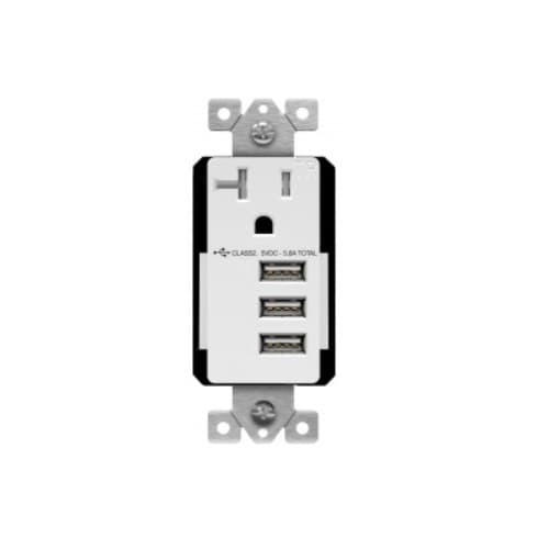 20 Amp Interchangeable Triple USB Charger Tamper Resistant Single Receptacle, White