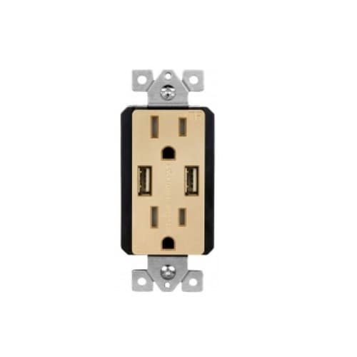15 Amp Dual USB Type-A Charger Tamper Resistant Duplex Receptacle, Gold