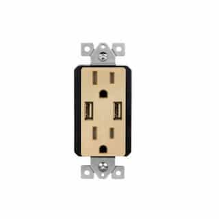 15 Amp Dual USB Type-A Charger Tamper Resistant Duplex Receptacle, Gold