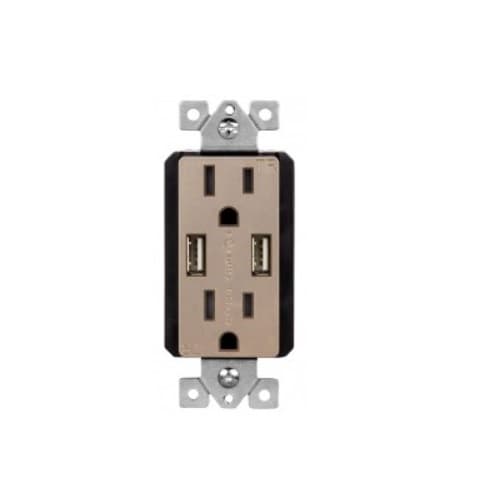 15 Amp Dual USB Type-A Charger Tamper Resistant Duplex Receptacle, Nickel