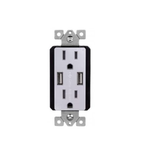 15 Amp Dual USB Type-A Charger Tamper Resistant Duplex Receptacle, Silver