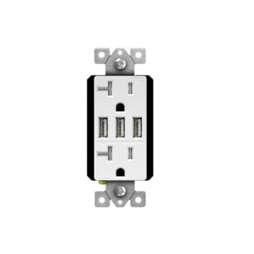 20 Amp Interchangeable Triple USB Charger Tamper Resistant Duplex Receptacle, White