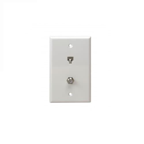 Telephone and CATV 1-Gang Duplex F-Type and RJ11 Jack Wall Outlet, White