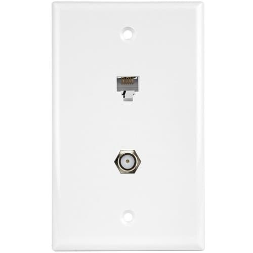 White Telephone and CATV 1-Gang Plate Duplex F-Type Connector and RJ11 Jack