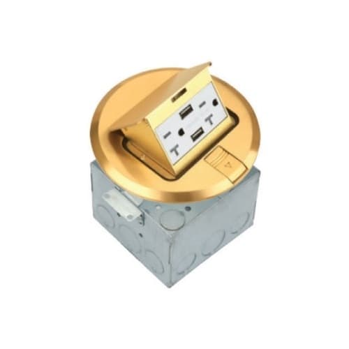 1-Gang Pop-up USB Duplex Floor Box, Round, 20A, 125V, Brass