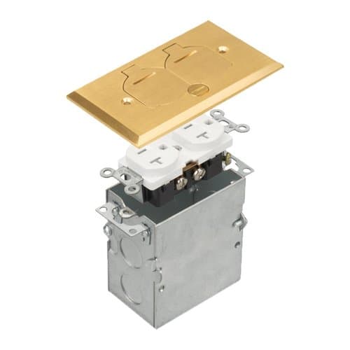 Brass 1-Gang Floor Box with Flip Lid Cover with 20A TRWR Duplex GFCI