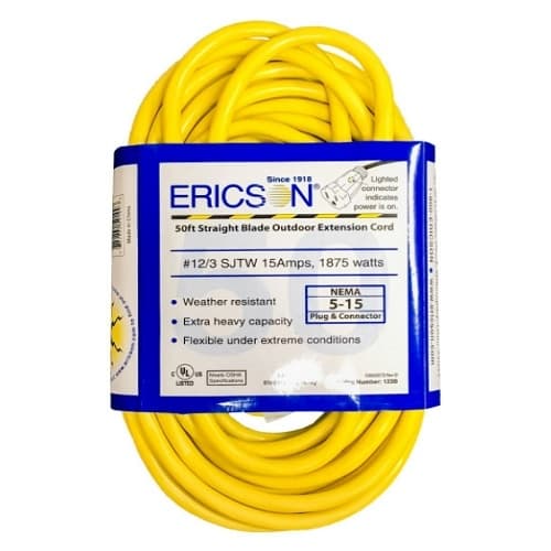 50-ft SJTW Extension Cord, Comm., 5-15P & 5-15C, Lighted 12/3 AWG