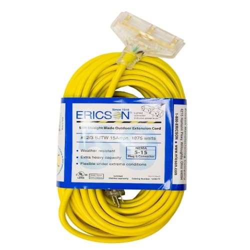 Ericson 50-ft SJTW Extension Cord, Comm., 5-15P & 5-15C, Tri-Tap 12/3 AWG