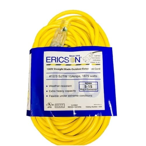 100-ft SJTW Extension Cord, Comm., 5-15P & 5-15C, Lighted, 12/3 AWG
