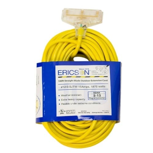 Ericson 100-ft SJTW Extension Cord, Comm. 5-15P & 5-15C, Tri-Tap, 12/3 AWG