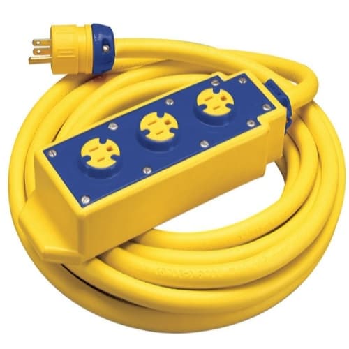 25-ft Tri-Tap Extension Cord Set, SOW, 5-15P & 5-15R, 12/3 AWG