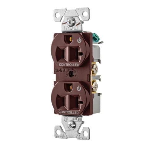 20 Amp Dual Controlled Duplex Receptacle, 2-Pole, #14-10 AWG, 125V, Brown