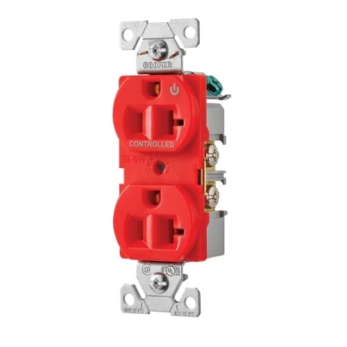 Eaton Wiring 20 Amp Half Controlled Duplex Receptacle, 2-Pole, #14-10 AWG, 125V, Red