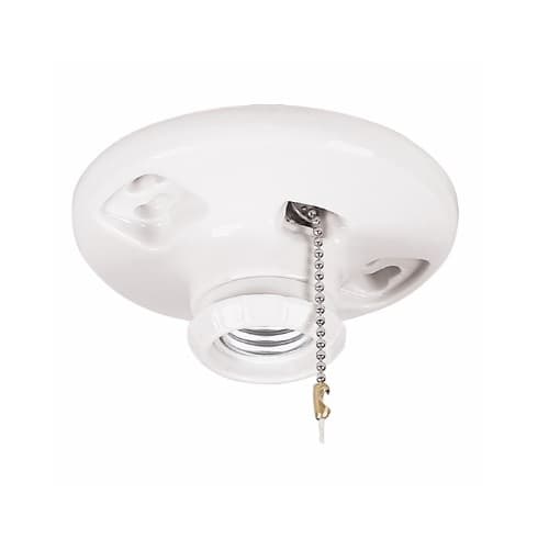 660W Ceiling Lamp Holder, Medium Base, Porcelain, Pull Chain, White