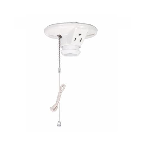 660W Ceiling Lamp Holder w/ Single Receptacle, Medium Base, Porcelain, Pull Chain, White