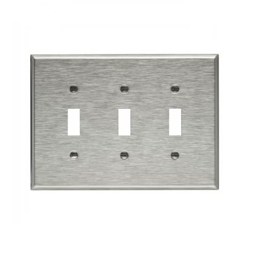 Mid Size Toggle Wallplate, 3-Gang, Stainless Steel
