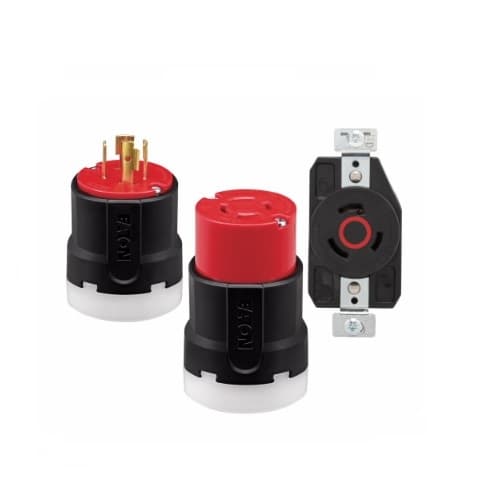 30 Amp Color Coded Locking Flanged Outlet, 3-Pole, 4-Wire, #14-8 AWG, 480V, Red