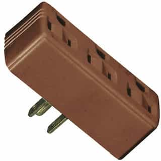 15A Grounding Tap 3 Outlet Adapter, 3-Outlet, 2-Pole, 125V, Brown