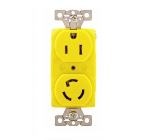 15 Amp Locking Receptacle, Duplex, Corrosion Resistant, Yellow