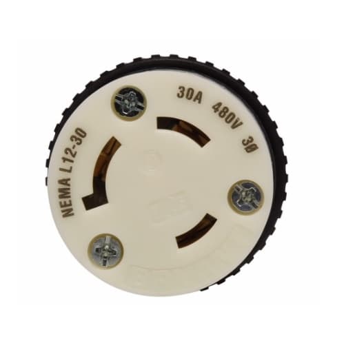 30 Amp Locking Connector, NEMA L12-30, 480V, Black/White