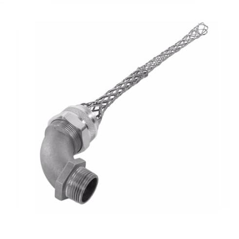 Strain Relief Cord Grip, 1" fitting, .63-.75", 90 Degrees, Aluminum Body