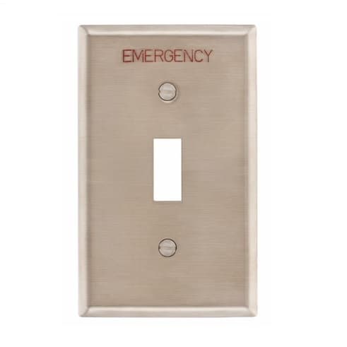 Eaton Wiring 1-Gang Toggle Wallplate, EMERGENCY, Pre-marked, Stainless Steel